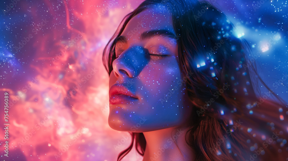Beautiful woman with closed eyes and long hair against the background of colorful galaxies and stars in space, neon light on her face Beautiful woman with closed eyes and long hair against the background of colorful galaxies and stars in space, neon light on her face