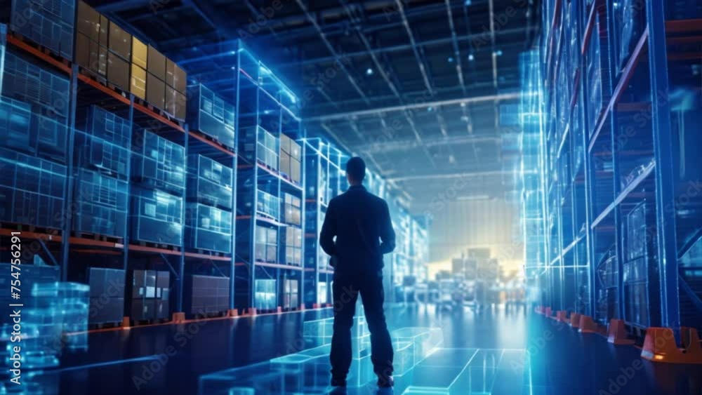 The back of a worker with a smart warehouse management system can identify package picking and delivery. The back of a worker with a smart warehouse management system can identify package picking and delivery.