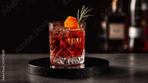 Negroni cocktail on podium on black background. Glass of alcoholic drink
