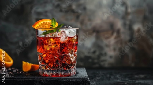 Negroni cocktail on podium on concrete background. Glass of alcoholic drink