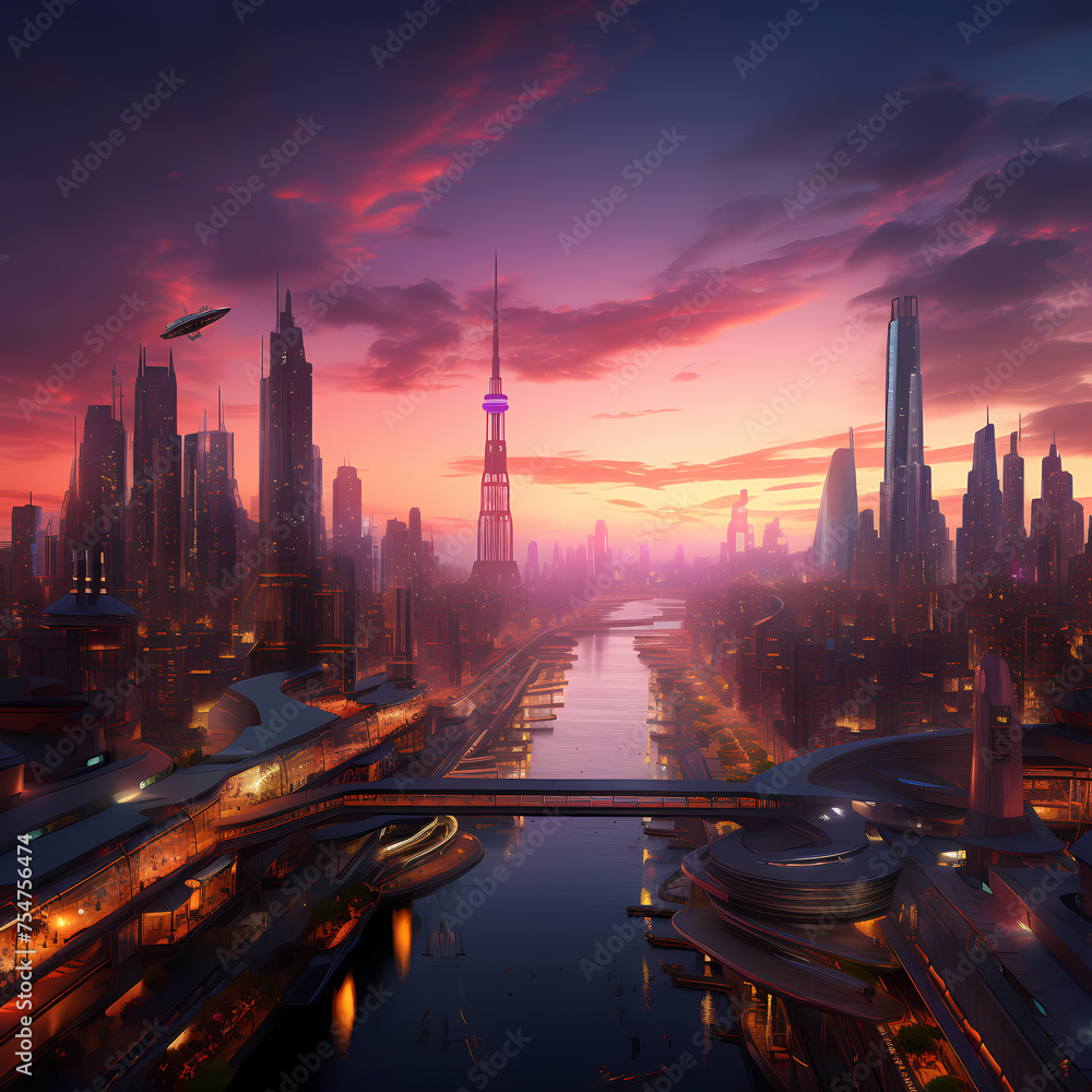 A futuristic cityscape at dusk.