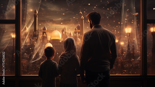Father enjoying eid with his childarenA family of three, a father and two children, stand in front of a window at night looking out into an Arabic fantasy city with stars and palaces © AH