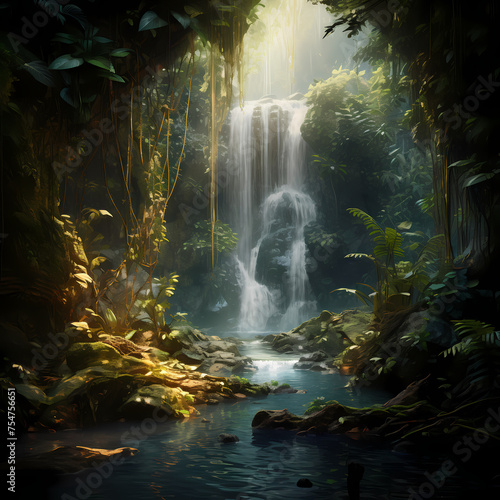 A mystical waterfall in a hidden jungle. © Cao