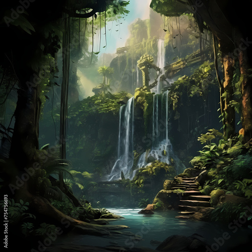 A mystical waterfall in a hidden jungle.