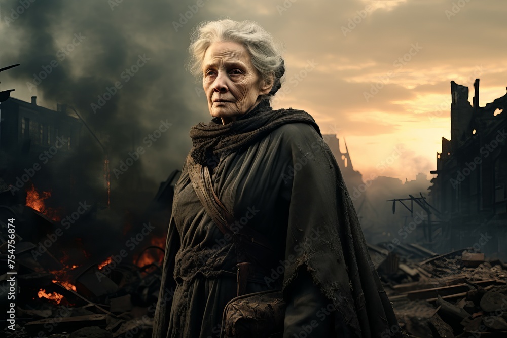 Weathered Military senior woman ruined city. Wreck destroyed. Generate Ai Weathered Military senior woman ruined city. Wreck destroyed. Generate Ai