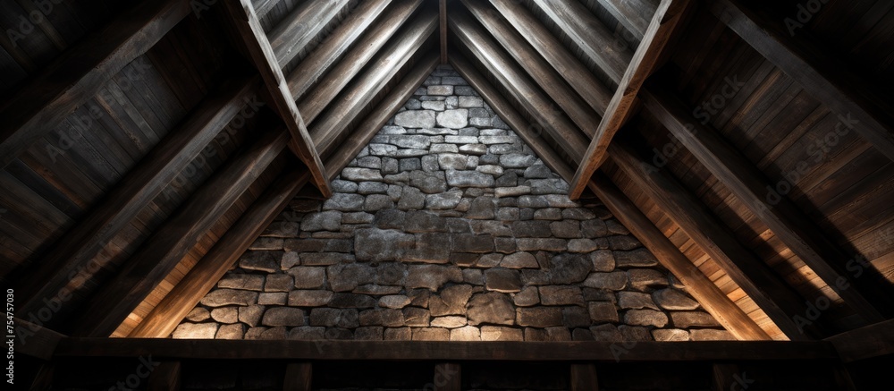 A dark room is illuminated with natural light filtering in from a small window, highlighting a stone floor and vaulted ceiling. The room features textured stone walls and a frame roof with exposed A dark room is illuminated with natural light filtering in from a small window, highlighting a stone floor and vaulted ceiling. The room features textured stone walls and a frame roof with exposed