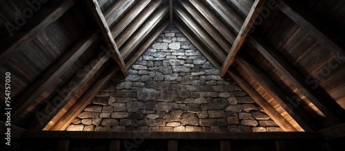 A dark room is illuminated with natural light filtering in from a small window  highlighting a stone floor and vaulted ceiling. The room features textured stone walls and a frame roof with exposed