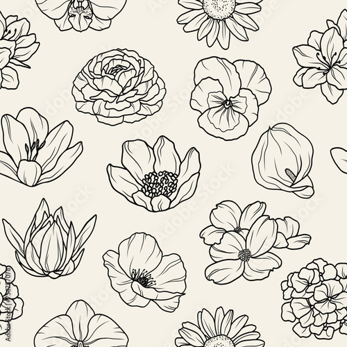 Line art garden flowers seamless pattern