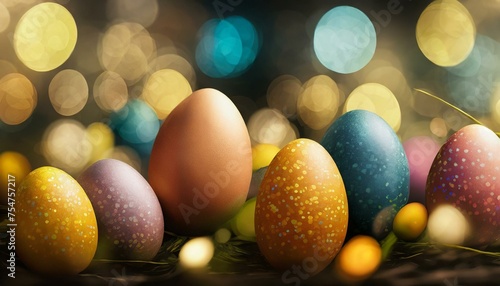 Easter eggs painted in different colors against a blurred background with glowing lights