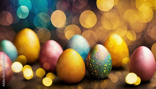 Easter eggs painted in different colors against a blurred background with glowing lights