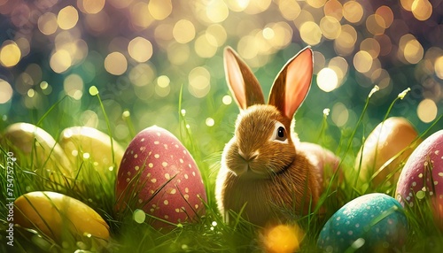 Easter eggs painted in different colors and a bunny in the grass