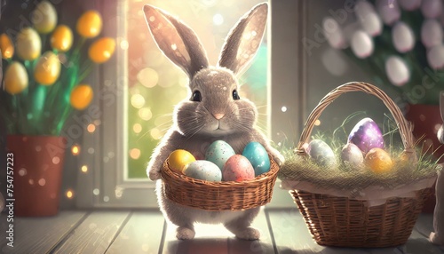 Easter bunny carries a basket of Easter eggs