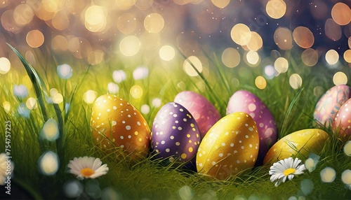 Easter eggs painted different colors in the grass