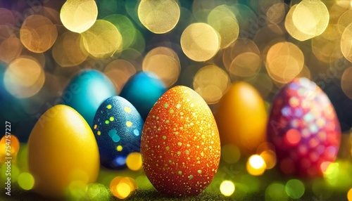 Easter eggs painted in different colors against a blurred background with glowing lights