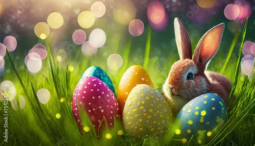 Easter eggs painted in different colors and a bunny in the grass
