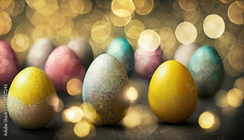 Easter eggs painted in different colors against a blurred background with glowing lights