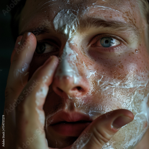 portrait d'un homme qui se met de la crème sur le visage