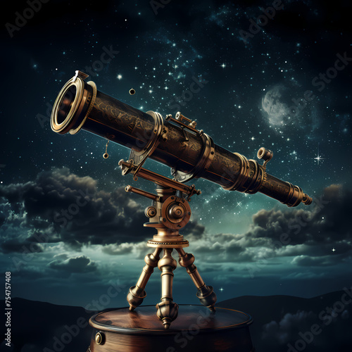 Antique brass telescope against a starry sky. 