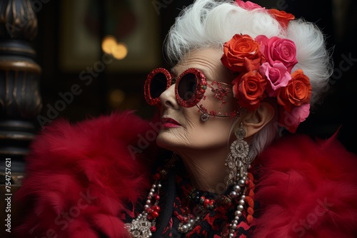 Elegant lady in vibrant red outfit adorned with ornate jewelry and floral hairpiece