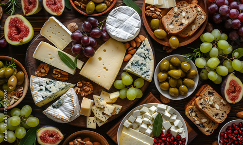Cheese platter seen from above with figs and grapes, nuts and olives. Festive dinner aperitif  photo