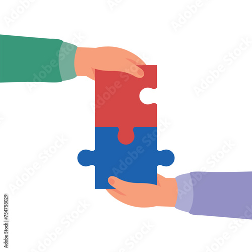 Hands connecting jigsaw puzzle.  Two hands holding puzzle pieces. Teamwork, cooperation, business, solution, work concept.
