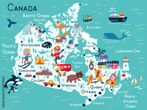 Canada map cartoon vector, American country geographic banner template, colorful illustration Canadian adventure, decorative travel card, sign attraction for design touristic poster, animal background