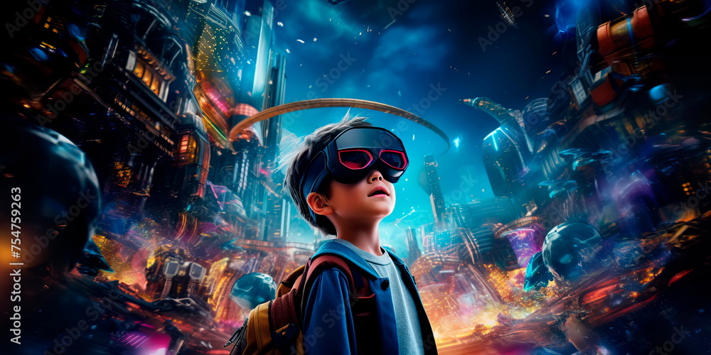Augmented Reality Adventure child exploring an augmented reality world through smart glasses, sparking their imagination. Generative AI