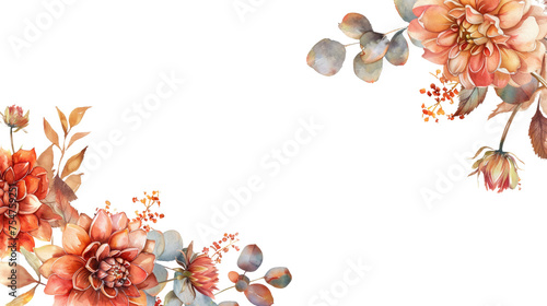 Autumn floral corner border with dahlia, rose and eucalyptus leaves. Watercolor illustration png transparent #754759251