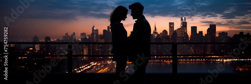 couple sharing a romantic moment on a city rooftop, with a stunning urban skyline in the background. Generative AI