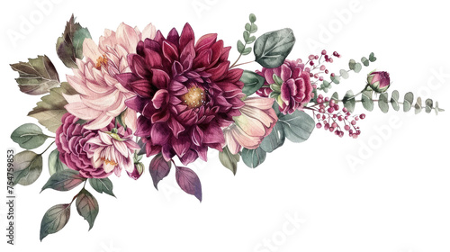 Autumn floral with dahlia, rose and eucalyptus leaves. Watercolor illustration. isolated solid white background