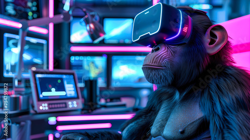 Chimpanzee wearing VR headset photo
