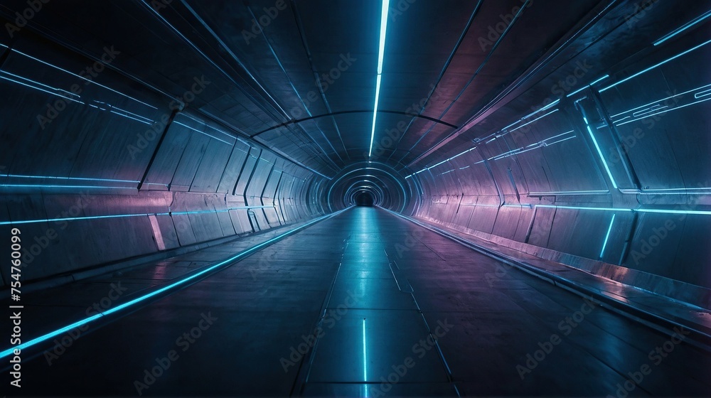 Futuristic 3D Tunnel Illuminated by Blue Neon Lines, A Modern Corridor Tunnel Transports You into the Realm of Cyberpunk Aesthetics.

