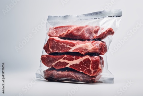 Vacuum-sealed fresh steaks on a light background. photo