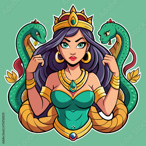 Tshirt Sticker of a Slay with Serpents Venomous Vibes Only - Capture the essence of empowerment with a sticker featuring a confident beautiful Queen horror girl surrounded by coiling anacondas