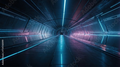 Futuristic 3D Tunnel Illuminated by Blue Neon Lines, A Modern Corridor Tunnel Transports You into the Realm of Cyberpunk Aesthetics.