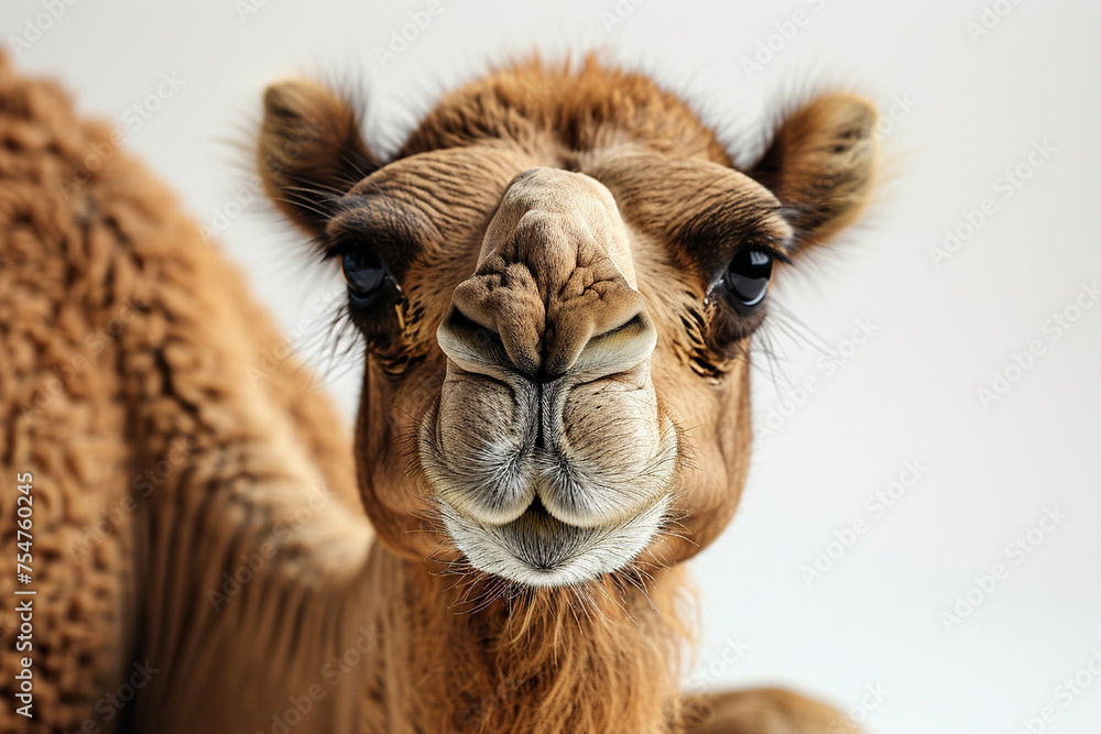 Close-up portrait of an adult camel on a white background. Generated by artificial intelligence