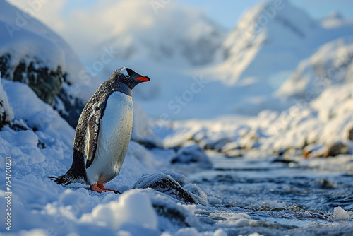 Close-up of an emperor penguin near a snow-covered rock. Generated by artificial intelligence