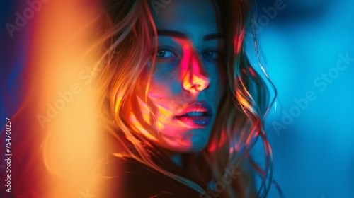 Portrait of a young woman in neon colors. A highlight of color on the face. Chromatic aberration in fashion editorial. 