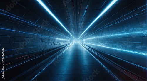 Futuristic 3D Tunnel Illuminated by Blue Neon Lines, A Modern Corridor Tunnel Transports You into the Realm of Cyberpunk Aesthetics.