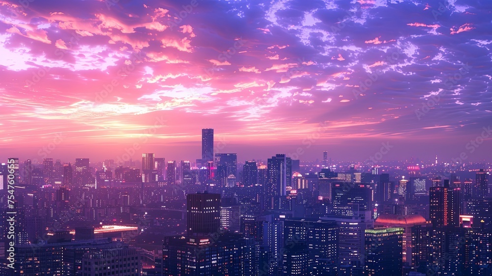 Sunset Skyline of a Bustling Metropolis The city skyline basks in the glow of a breathtaking sunset, with shades of pink and purple illuminating the bustling metropolis below.

