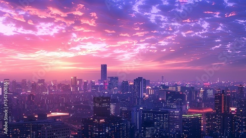 Sunset Skyline of a Bustling Metropolis The city skyline basks in the glow of a breathtaking sunset, with shades of pink and purple illuminating the bustling metropolis below.