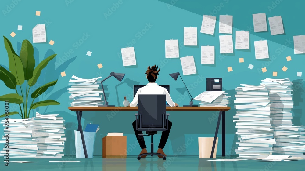 A stressed businessman sitting at the desk in the office surrounded by paperwork. Overworked frustrated concept.