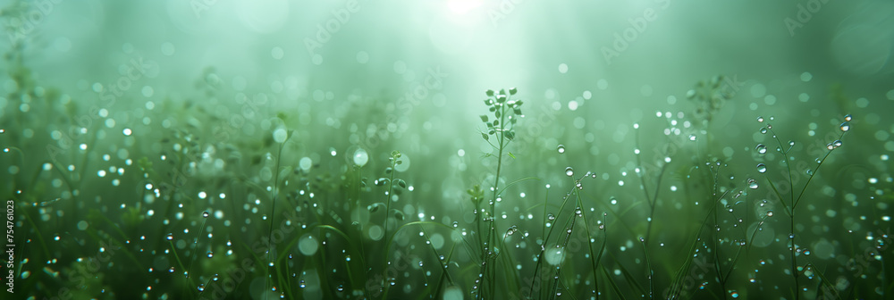Tranquil green meadow with fresh morning dew on grass, ideal for environment-related backgrounds with space for text on the blurred upper half Tranquil green meadow with fresh morning dew on grass, ideal for environment-related backgrounds with space for text on the blurred upper half