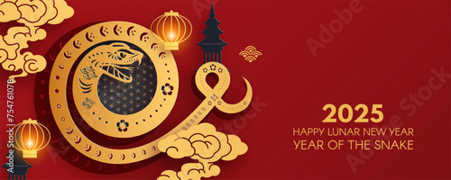 Happy Chinese New Year 2025 with Snake sign, lanterns, clouds and traditional temple. Lunar new year card template. Jianzhi paper cut style.