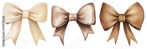 Watercolor beige brown bows PNG, beige ribbon bow isolated on transparent background