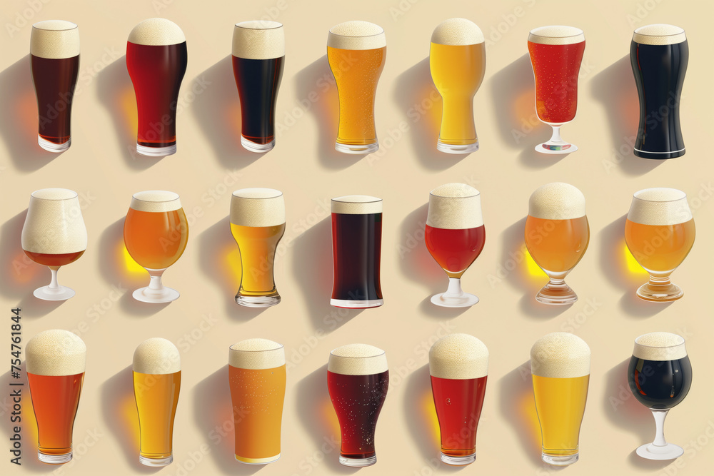 Assorted craft beers in different glasses showcasing variety in color and foam, ideal for beverage menus or Oktoberfest promotions, with copy space for text Assorted craft beers in different glasses showcasing variety in color and foam, ideal for beverage menus or Oktoberfest promotions, with copy space for text
