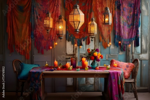 Bohemian Bliss Colorful Tapestry Tablecloth Amid Cozy photo
