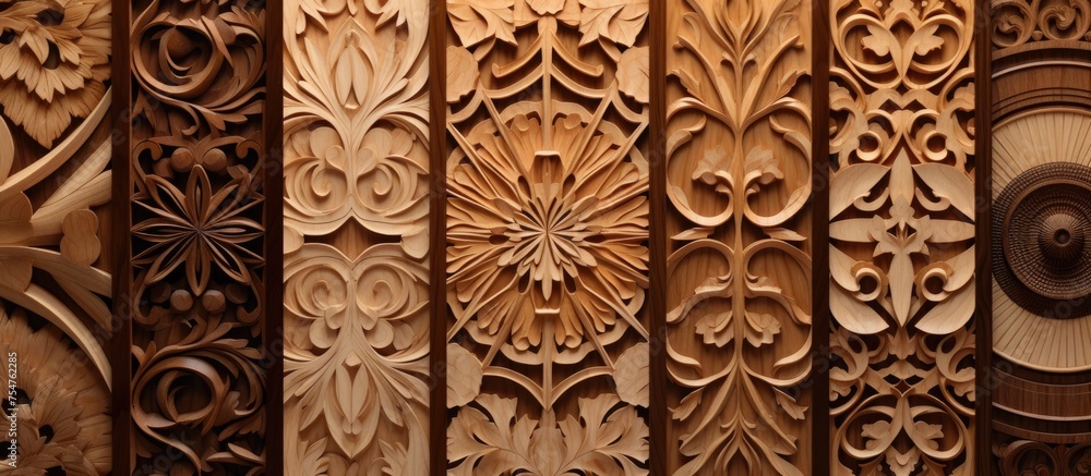 A row of intricately carved wood panels lean against a plain wall, showcasing the craftsmanship and intricate designs of each sample. The panels vary in size and intricacy, creating a visually A row of intricately carved wood panels lean against a plain wall, showcasing the craftsmanship and intricate designs of each sample. The panels vary in size and intricacy, creating a visually