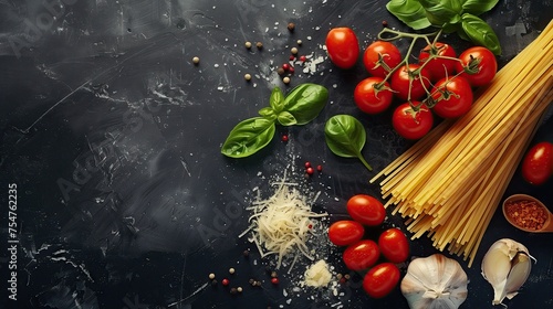traditional Italian dish with spaghetti ingredients and blank area for text, ingredients for cooking.