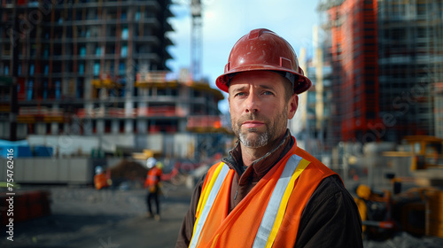 Portrait of a foreman or worker against the backdrop of a construction site. Construction site manager wearing a hard hat and safety vest. A satisfied manager looks at the camera. AI generative